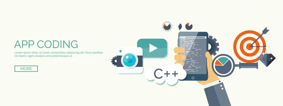 Vector illustration. Flat background. Coding programming SEO. Search engine Stock-Illustration