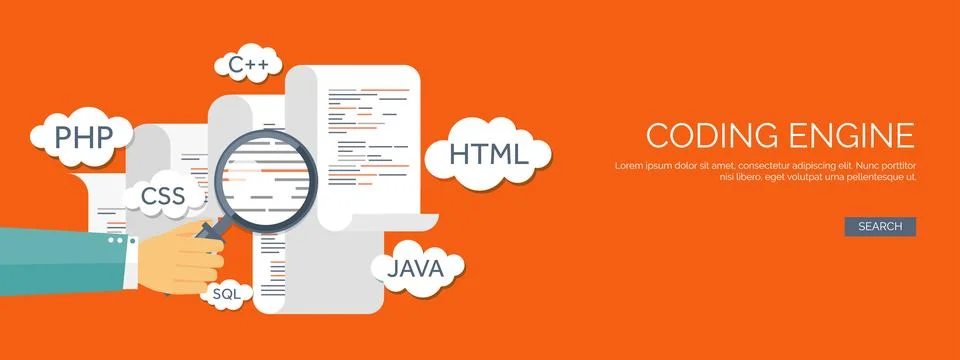 Vector illustration. Flat background. Coding programming SEO. Search engine Stock-Illustration