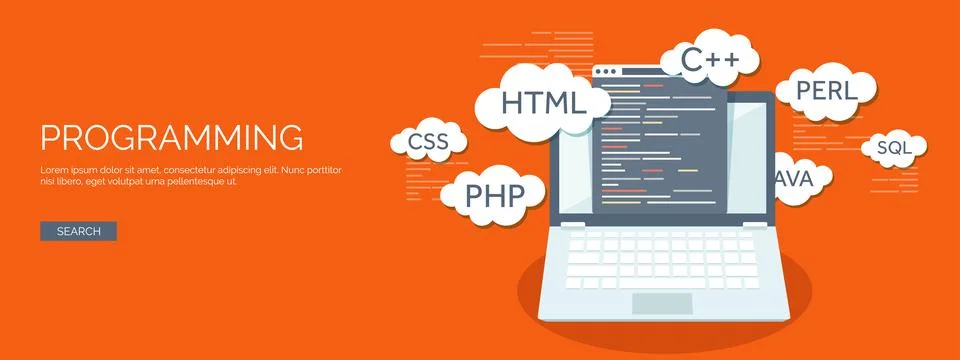 Vector illustration. Flat background. Coding programming SEO. Search engine Stockillustratie