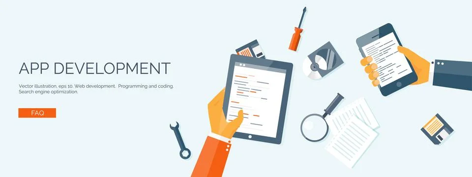 Vector illustration. Flat background. Coding programming SEO. Search engine Stock Illustration