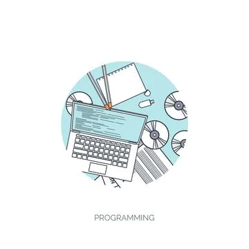 Vector illustration. Flat background. Coding programming SEO. Search engine Stock Illustration