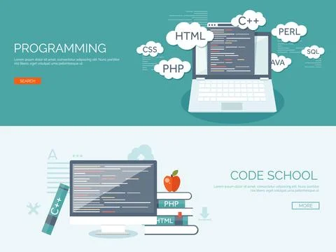 Vector illustration. Flat background. Coding programming SEO. Search engine Stockillustratie