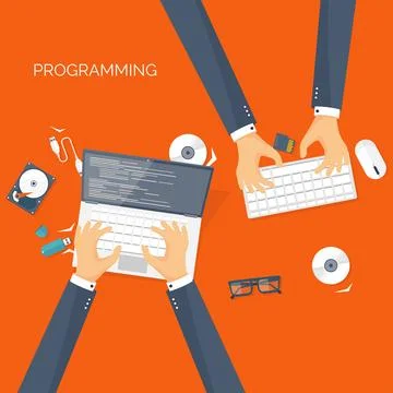 Vector illustration. Flat background. Coding programming and SEO. Search engine Illustrazione stock