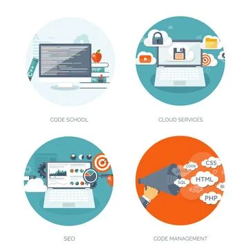 Vector illustration. Flat background. Coding programming SEO. Search engine Stock-Illustration