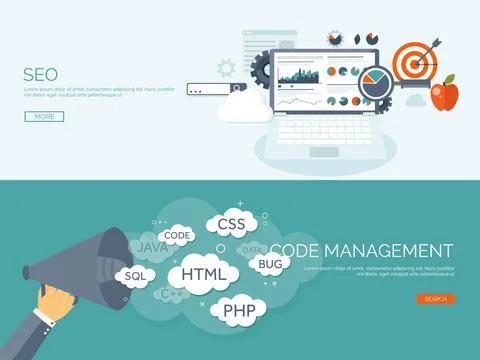 Vector illustration. Flat background. Coding programming SEO. Search engine Stock-Illustration