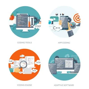 Vector illustration. Flat background. Coding programming SEO. Search engine Stock Illustration