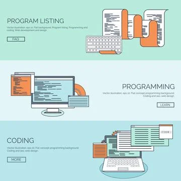 Vector illustration. Flat background. Coding programming SEO. Search engine Stock Illustration