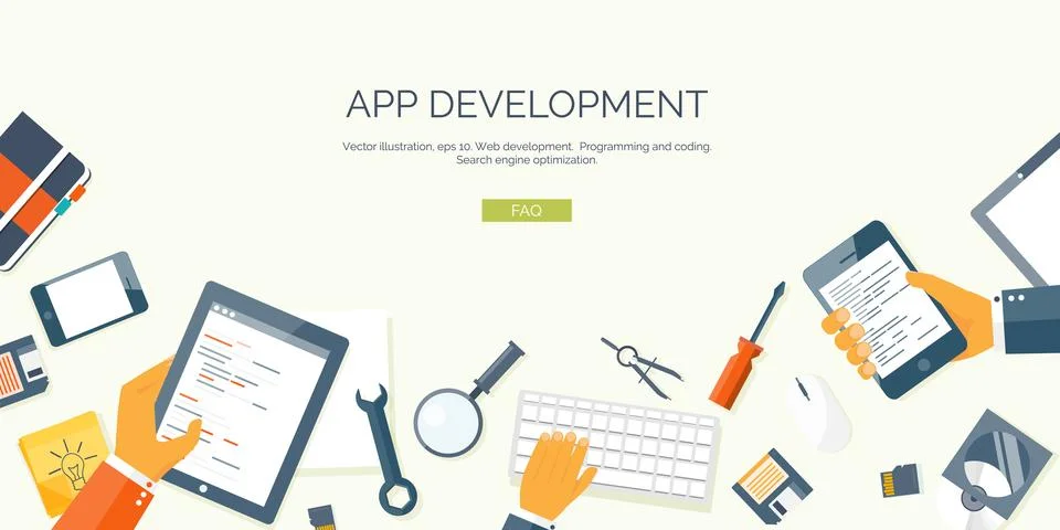 Vector illustration. Flat background. Coding programming SEO. Search engine Stockillustratie