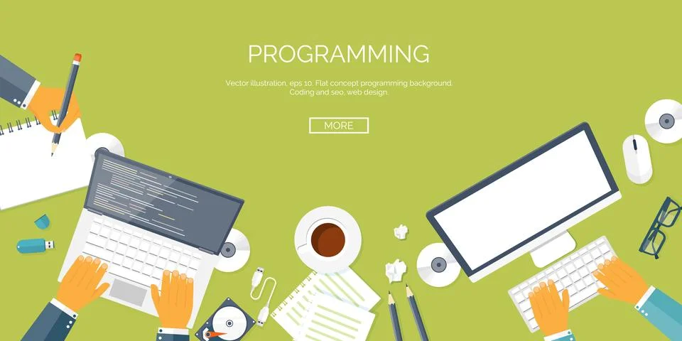 Vector illustration. Flat background. Coding programming SEO. Search engine Stock Illustration