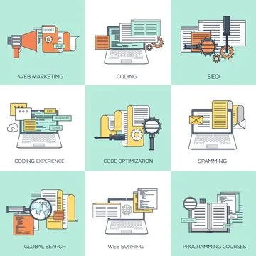 Vector illustration. Flat background. Coding programming SEO. Search engine Stockillustratie