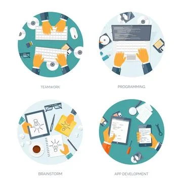 Vector illustration. Flat background. Coding programming SEO. Search engine Stock Illustration