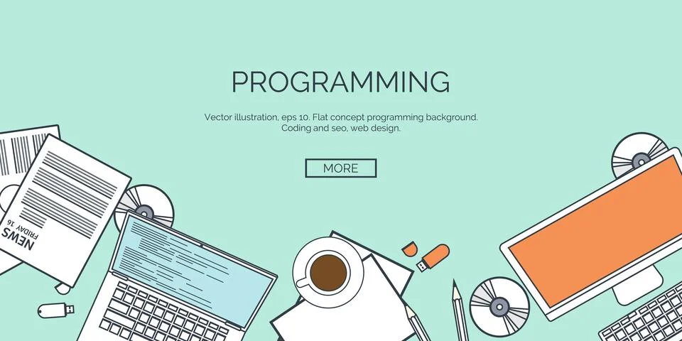 Vector illustration. Flat background. Coding programming SEO. Search engine Illustrazione stock