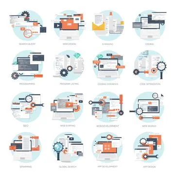 Vector illustration. Flat background. Coding programming SEO. Search engine Stock Illustration