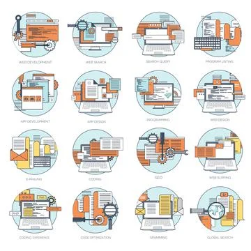 Vector illustration. Flat background. Coding programming SEO. Search engine Stock Illustration