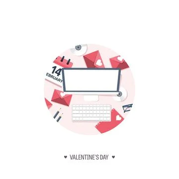 Vector illustration. Flat background with computer, laptop. Love and hearts Stock Illustration
