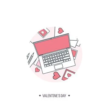 Vector illustration. Flat background with computer, laptop. Love and hearts Illustrazione stock