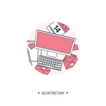 Vector illustration. Flat background with computer, laptop. Love and hearts Stock Illustration