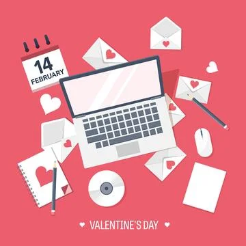 Vector illustration. Flat background with computer, laptop. Love and hearts Stock Illustration