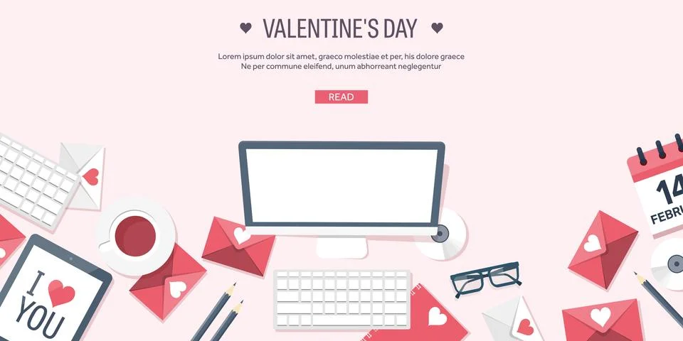 Vector illustration. Flat background with computer, laptop. Love and hearts Stock Illustration