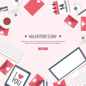 Vector illustration. Flat background with computer, laptop. Love and hearts Stock Illustration