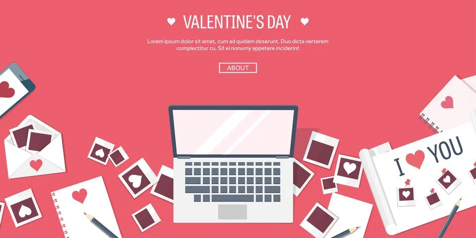 Vector illustration. Flat background with computer, laptop. Love and hearts 스톡 일러스트