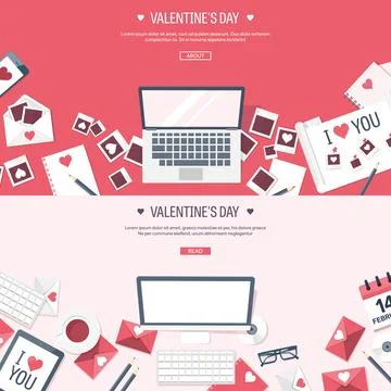 Vector illustration. Flat background with computer, laptop. Love and hearts Stock Illustration