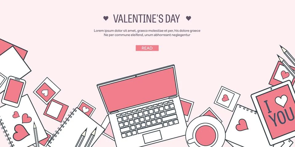 Vector illustration. Flat background with computer, laptop. Love and hearts Illustrazione stock