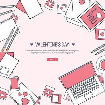 Vector illustration. Flat background with computer, laptop. Love and hearts Stock Illustration