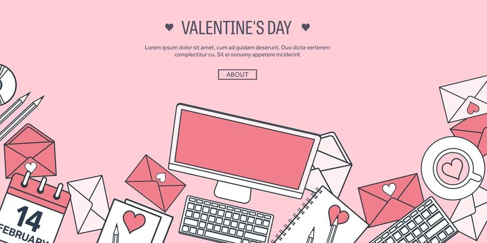 Vector illustration. Flat background with computer, laptop. Love and hearts Stock Illustration