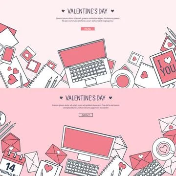 Vector illustration. Flat background with computer, laptop. Love and hearts 库存插图