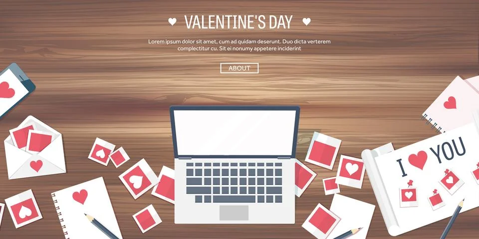 Vector illustration. Flat background with computer, laptop. Love and hearts Stock Illustration