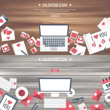 Vector illustration. Flat background with computer, laptop. Love and hearts Stock Illustration