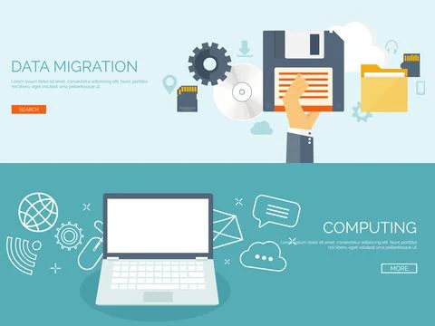 Vector illustration. Flat background. Computing cloud technology. Data migration Stock Illustration