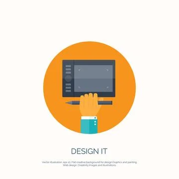 Vector illustration. Flat background with graphic tablet. Web design. Drawing. Illustrazione stock