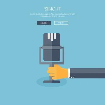 Vector illustration. Flat background with hand and microphone. Voive recording 스톡 일러스트