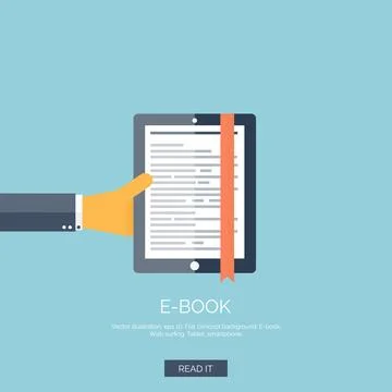Vector illustration. Flat background with hand and tablet. E-book. Illustrazione stock