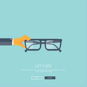 Vector illustration. Flat background with hand ,glasses. Lets see. Eye care and 库存插图