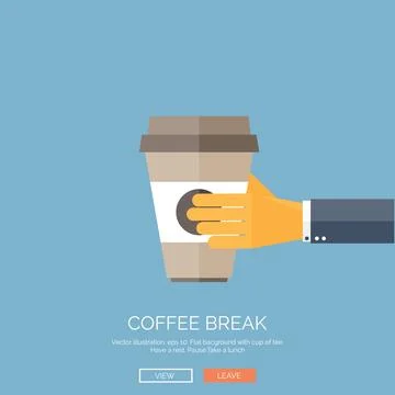 Vector illustration. Flat background with hand and coffee paper cup. Stock Illustration