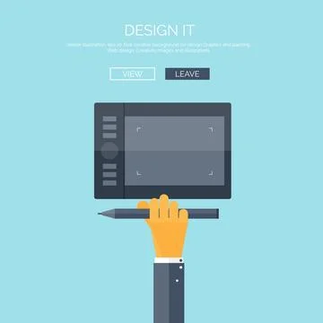 Vector illustration. Flat background with hand and graphic tablet. Web design Illustrazione stock
