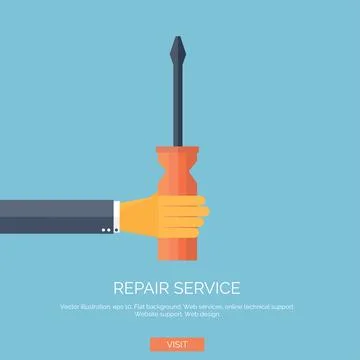 Vector illustration. Flat background with hand and wrench. Repair tools Stock Illustration