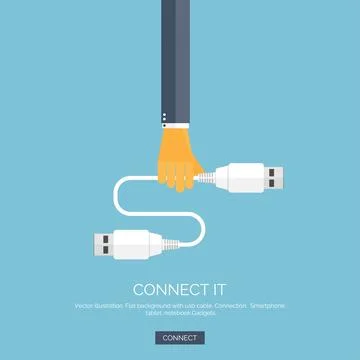 Vector illustration. Flat background with hand ,usb cable. Connection. Internet Stock Illustration