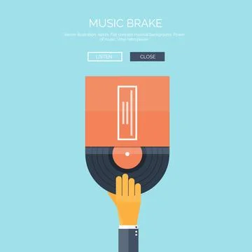 Vector illustration. Flat background with hand and vinyl. Music. 스톡 일러스트