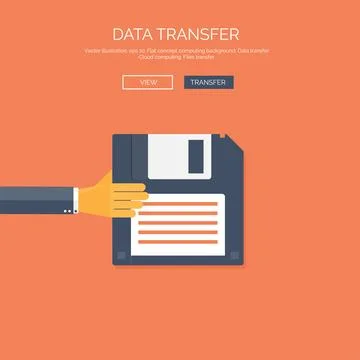 Vector illustration. Flat background with hand ,floppy disc. Data transfer Stock Illustration
