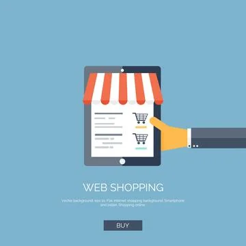 Vector illustration. Flat background with hand and tablet. Online shopping Stockillustratie