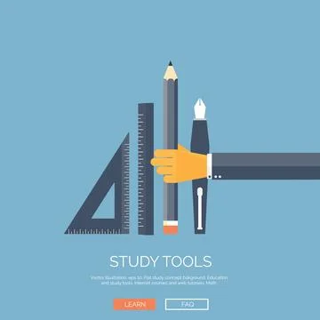 Vector illustration. Flat background with hand and ruler, pencill, pen. Study 스톡 일러스트