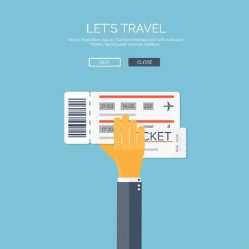 Vector illustration. Flat background with hand and tockets. Travel by plane. Stock Illustration