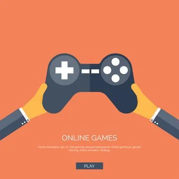 Vector illustration. Flat background with hand and joystick. Game online. Illustrazione stock