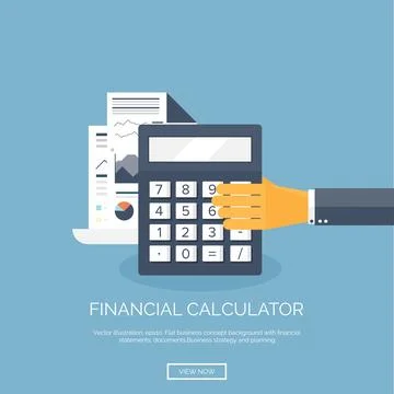Vector illustration. Flat background with hand calculator. Financials. Business. Illustrazione stock