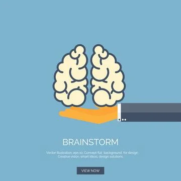 Vector illustration. Flat background with hand and brains. Brainstorm, teamwork Stock Illustration