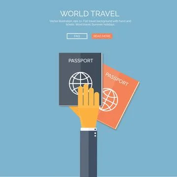 Vector illustration. Flat background with hand and passports. Travel. Summer Stock Illustration